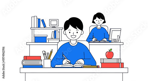 Children happily studying at their desks with books and computers.