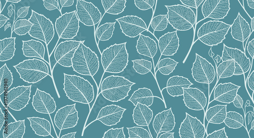 Photos Seamless pattern of white leafy branches on a teal background