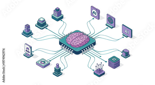 Isometric artificial intelligence CPU microprocessor chip with brain and data icons