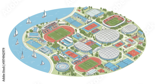 Isometric illustration of a large sports complex and athletic park on the coast