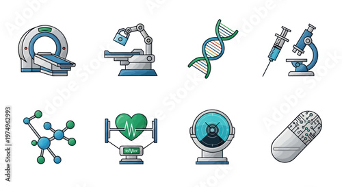 Set of medical technology icons including scanner robotic surgery DNA and smart pill illustrations