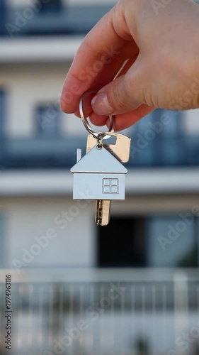 Hand holding house keychain in front of modern apartment building, real estate and homeownership concept.