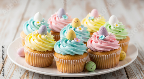 Colorful Easter cupcakes with pastel frosting and decorative eggs  