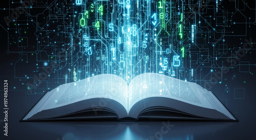 Open book emitting digital data and numbers in dark background  