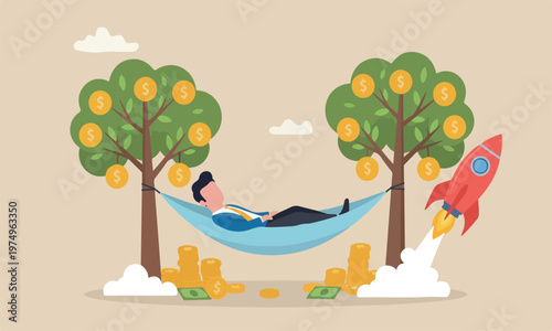  Passive income, big red rocket no by make profit or dividend from investment and achieve financial freedom concept, happy rich businessman sleeping in hammock tied on money tree with dollar coins