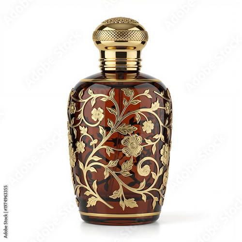 Elegant brown glass perfume bottle decorated with floral gold design  