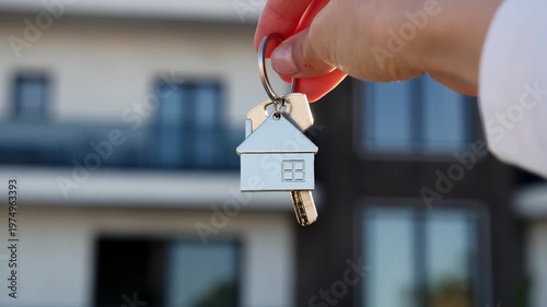 Close-up of hand holding house key, representing property ownership and new home purchase.