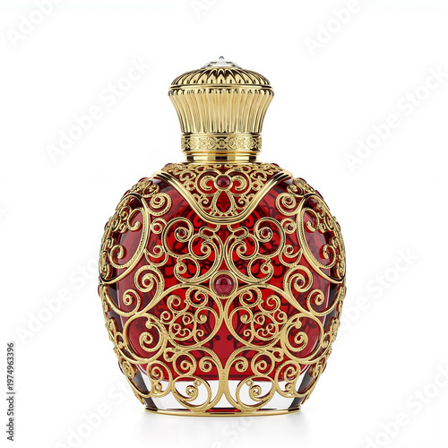 Elegant red perfume bottle with gold filigree design  