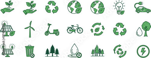 Green eco sustainability icons set with recycling renewable energy electric transport leaf water and environmental protection symbols collection