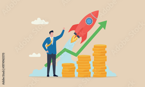 Success rocket profit or growing pension fund, prosperity concept, rich businessman with coin stack and growth chart