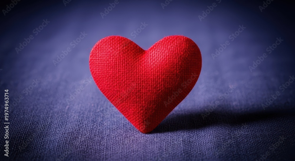 Obraz premium A vibrant, handcrafted textured red heart object placed centrally on a rustic, folded dark indigo fabric surface, background, object, deep
