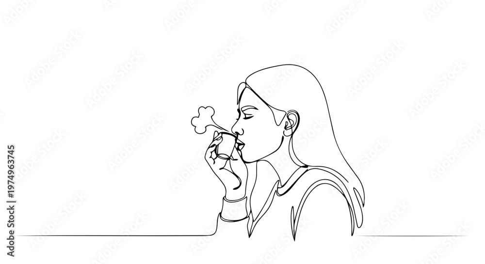 Obraz premium Woman drinking coffee from a small cup. One line drawing of a person with a hot beverage. Minimalist vector illustration of a cafe break