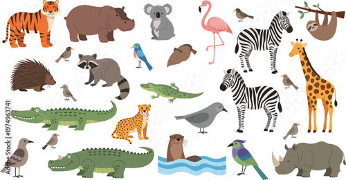 Cute Wild Animals and Birds Collection with Tiger, Zebra, Giraffe, Flamingo, Crocodile, Rhino, Koala and More Flat Vector Illustrations for Kids Design.