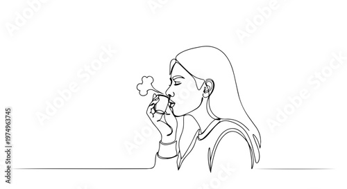 Woman drinking coffee from a small cup. One line drawing of a person with a hot beverage. Minimalist vector illustration of a cafe break