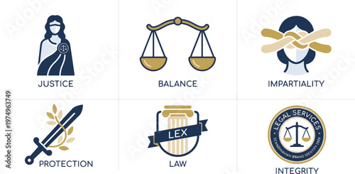 Six modern flat design icons illustrating fundamental legal concepts such as justice, balance, impartiality, and protection, on a clean white background.