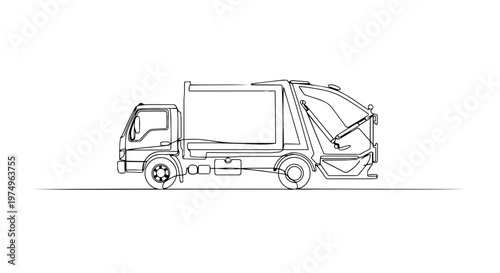 Garbage truck for waste collection. One line drawing vector illustration. Continuous line art of a sanitation vehicle. Minimalist industrial transport graphic