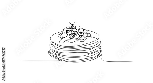 Stack of pancakes with fresh berries. One line drawing vector illustration. Continuous line art of a breakfast dessert. Minimalist food graphic