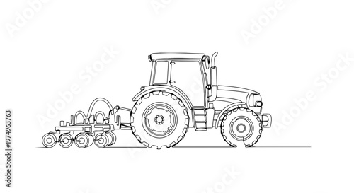 Tractor with seeder attachment one line drawing. Continuous line art of agricultural planting machinery. Minimalist farming vector illustration