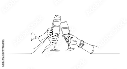 Toasting glasses one line drawing. Continuous line art of hands with champagne flutes. Minimalist celebration and cheers vector illustration