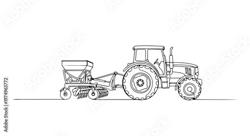 One line drawing of a tractor with a seeder. Continuous line art vector illustration of agricultural planting. Modern farming and spring sowing concept