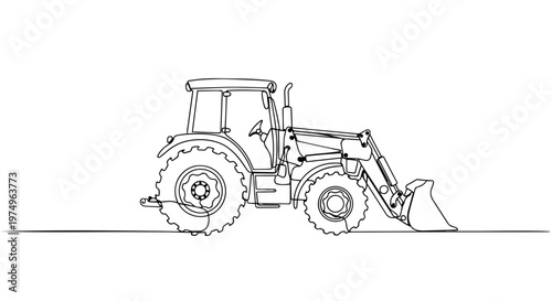 Tractor with front loader bucket one line drawing. Minimalist continuous line art illustration. Agricultural machinery vector isolated on white