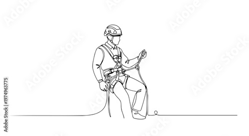 Industrial climber one line drawing. Continuous line art of worker in safety harness. Minimalist high altitude work vector illustration