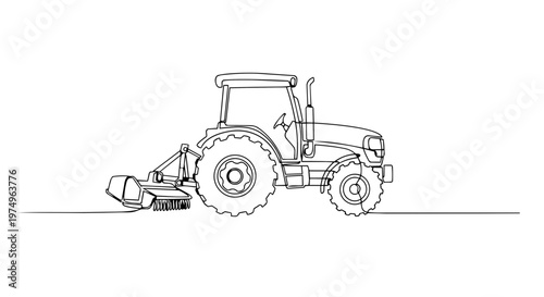 Tractor with rear agricultural implement one line drawing. Continuous line art of farming machinery. Minimalist vector illustration for field work