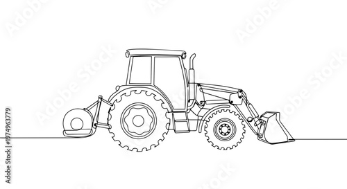 Tractor with front loader one line drawing. Continuous line art of heavy agricultural machinery. Minimalist farm vehicle vector illustration