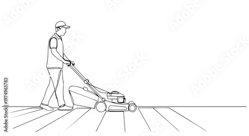 Man pushing lawn mower one line drawing. Continuous line art of gardener mowing grass. Minimalist yard maintenance vector illustration