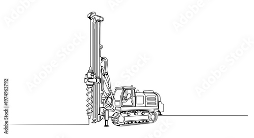 Heavy duty crawler drilling rig machine. One line drawing vector illustration. Construction and industrial machinery concept