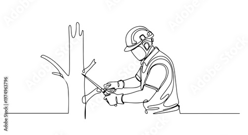 Arborist pruning tree branch with hand saw. One line drawing vector illustration. Minimalist gardener at work. Continuous line art isolated on white