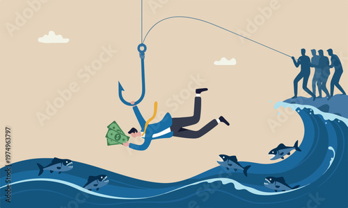 Investment meeting teams together businessman takes a bait to the hook fishing with money dollar banknote