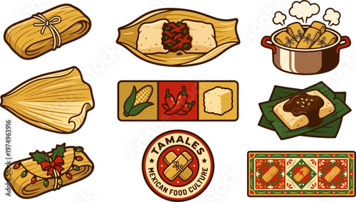Vibrant vector illustrations depict various traditional mexican tamales, ingredients, and cultural motifs, celebrating authentic cuisine in a warm, festive style.