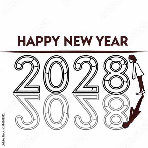 A stylized illustration depicts the year 2028 with a soccer ball and player celebrating a happy new year high quality