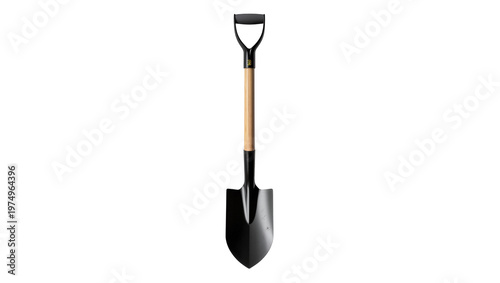 Isolated heavy-duty digging shovel with black D-handle and natural wooden shaft, garden tool