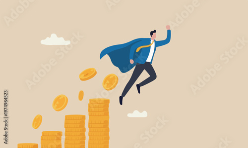 Money growth growing, financial planning or increase revenue or income, wealth accumulation concept, success businessman superhero flying up money coins stack