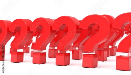 Rows of red question marks stand against a white background, some in focus, others blurred by depth-of-field