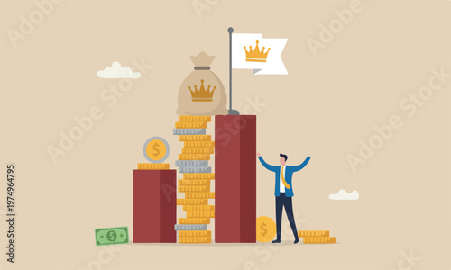 Cash is king is flag on red pillars flag on red pillars or investor prepare cash to buy stock in economic crisis concept, stack of money dollar coins and money bag with precious king golden crown