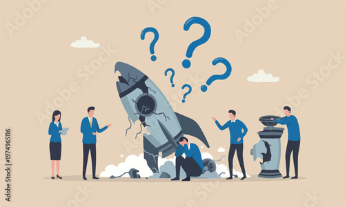 on crash illustration is modern, flat design with clean lines and rocket metaphor new business failure