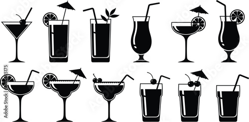 Cocktail drinks silhouette collection, beverage glass icons set, juice and alcohol drinks vector, bar menu illustration, black isolated design