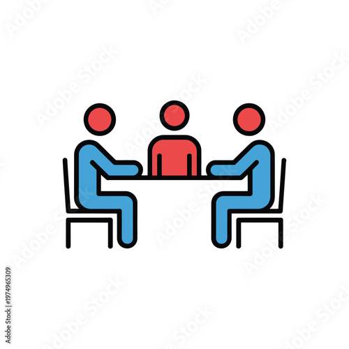 Simple illustration of three people seated around a table in a meeting
