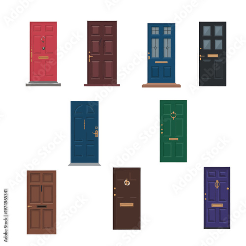 Colorful collection of doors red brown blue green and dark variations displayed