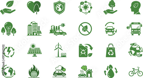 Green eco sustainability icons set with renewable energy recycling electric transport environmental protection and climate friendly flat design symbols
