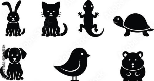 Cute animal silhouette set, rabbit cat lizard turtle dog bird hamster icons, cartoon pets vector, black isolated illustration design