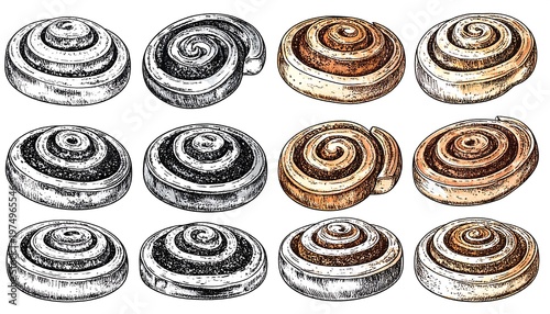 Rows of round, spiral pastry illustrations in sketch and color, set on a white backdrop with soft shadows