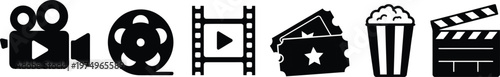 Set of black movie cinema icons featuring a vintage film camera, reel, movie strip, tickets, popcorn bucket, and clapperboard isolated on white for entertainment and media design.