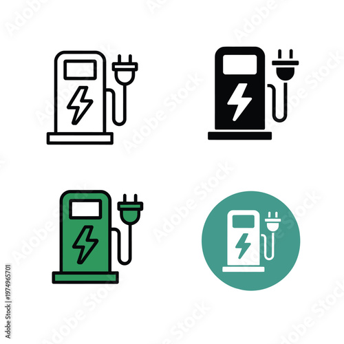 Electric vehicle charging station icons in four different color variations