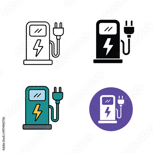 Electric vehicle charging station icons in various styles and colors