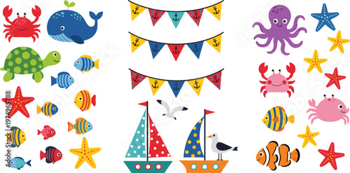 Nautical and Marine Life Vector Set with Crabs, Fish, Whales, Boats, and Anchors for Beach, Ocean, and Summer Designs