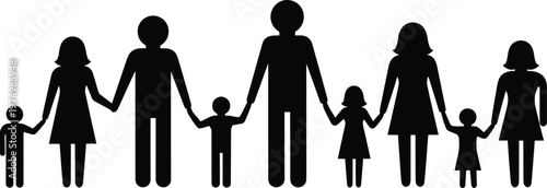 Family silhouette holding hands, parents children together, happy people unity concept, social relationship vector, black isolated illustration design icons